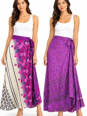 Darn Good Yarn Reversible Sari Wrap Skirt Ankle Length Silk Blend XL Boho Sarang